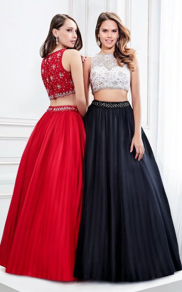Sleeveless A-line Pleated Two Piece Prom Dress With Beading
