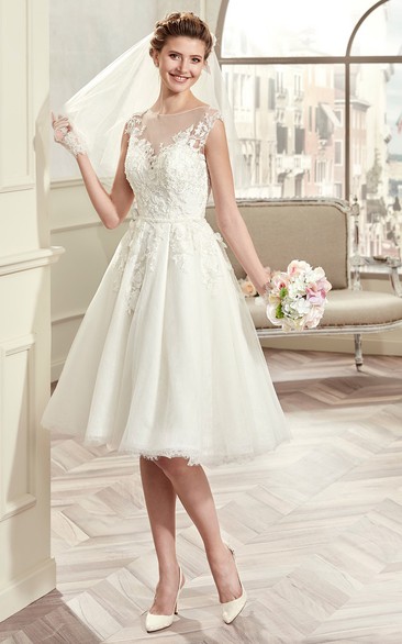 Scoop-neck Illusion Cap-sleeve short Knee-length A-line Wedding Dress With Appliques