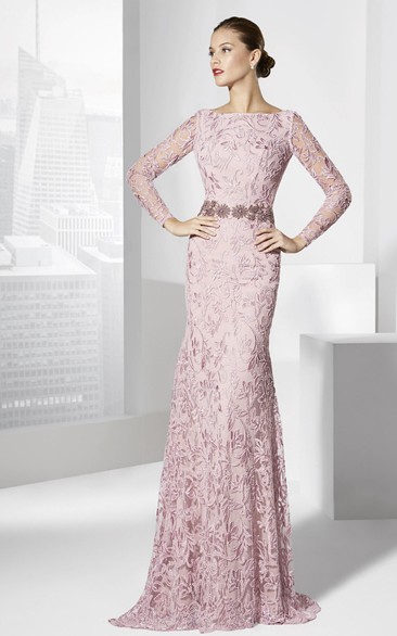 Sheath Embroidered Jewel-Neck Floor-Length Long-Sleeve Prom Dress