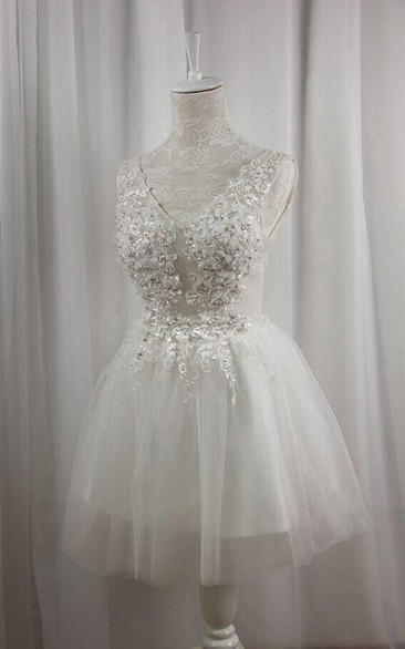 short V-neck A-line Tulle Dress With Beading And Corset Back