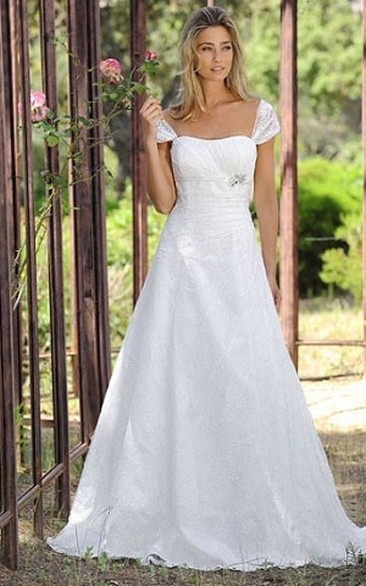 Cap-sleeve A-line Lace Wedding Dress With Ruching And Broach