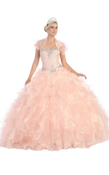 Sweetheart Ruffled Jeweled Strapless Organza Lace-Up Ball Gown
