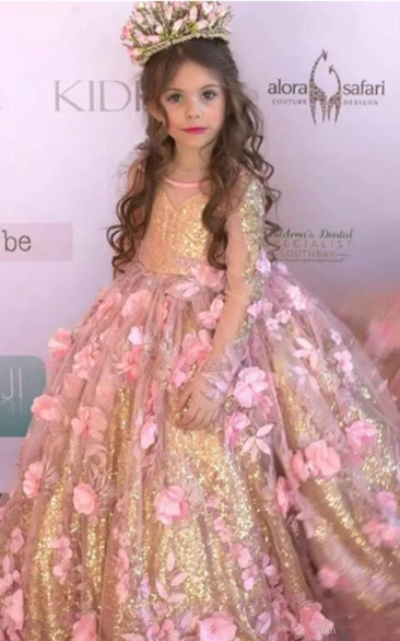 Floral Sequin and Tulle Bateau Long Sleeve Flower Girl Dress