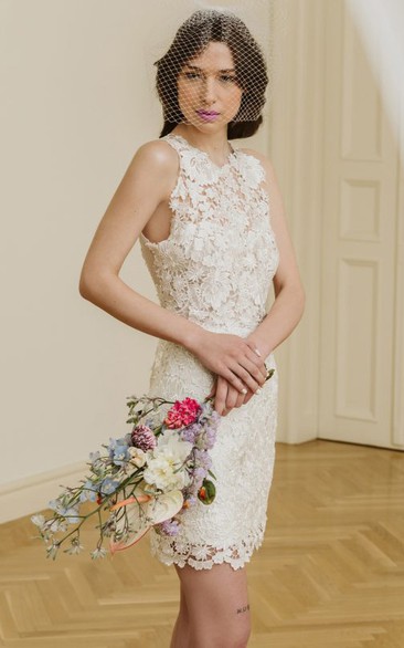 Modern A Line Lace Short Sleeveless Keyhole Spaghetti Wedding Dress 