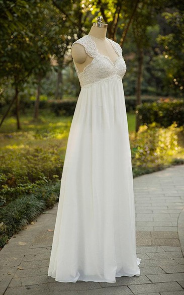 Queen Anne Sleeveless Empire Wedding Dress With Appliques And Keyhole