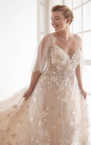 Luxury Plus Size V-neck Lace Wedding Dress With Illusion Tulle Sleeves And Chapel Train
