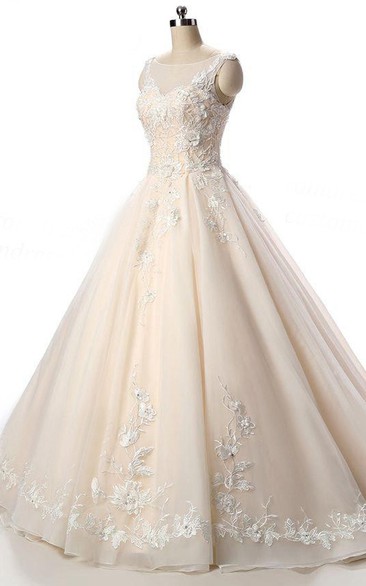 Bateau Sleeveless A-line Ball Gown With floral Appliques And Corset ...