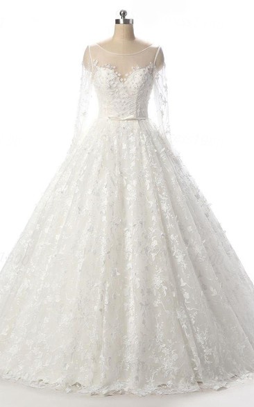 Lace Illusion Backless Long-Sleeve Bridal Dress