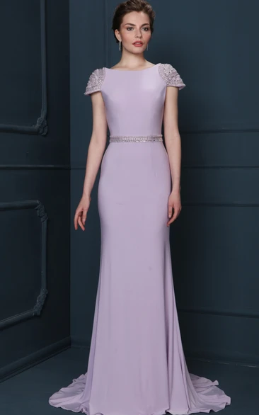 Jersey Cap-sleeve Sheath Dress With Beading And Low-V Back