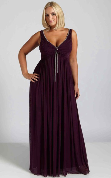 Plunged Sleeveless Chiffon Empire Bridesmaid Dress With Beading And central Ruching