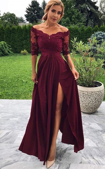 Off-the-shoulder Chiffon Lace Half Sleeve Ankle-length Prom Dress