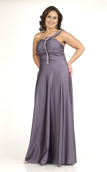 One-shoulder Sleeveless Ruched long plus size Dress With Zipper