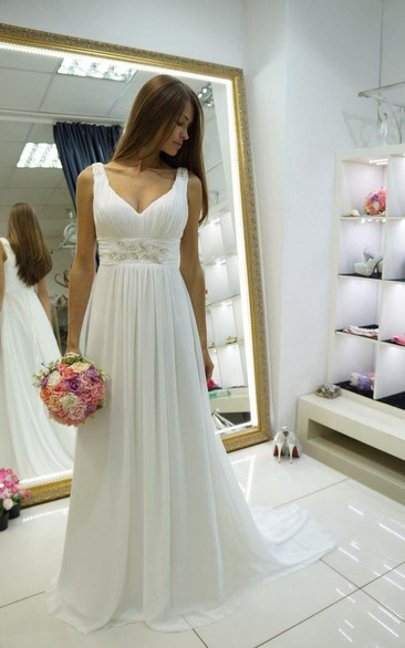 V-Neckline Wedding Strapped Empire Chiffon Dress
