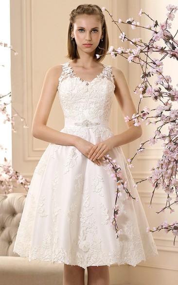 V-neck Sleeveless Knee-length A-line Wedding Dress With Illusion And Appliques