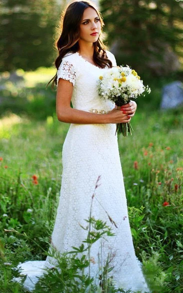 Jewel Lace Cap Short Sleeve Wedding Dress