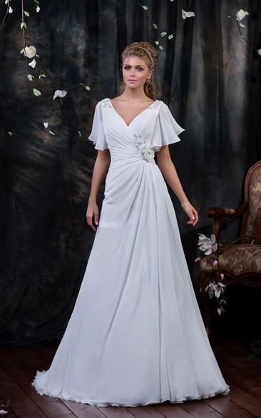 Poet-Sleeve Side Draping Flower Floor-Length A-Line Chiffon Gown