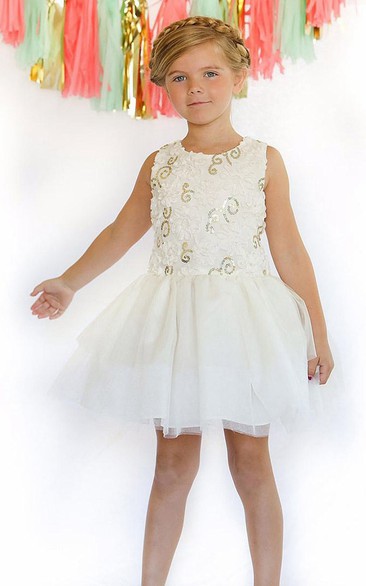Tulle Ribbon Midi-Length Embroidered Flower Girl Dress