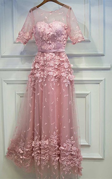 A-line Floor-length Scoop Illusion Half Sleeve Lace Dress with Pleats
