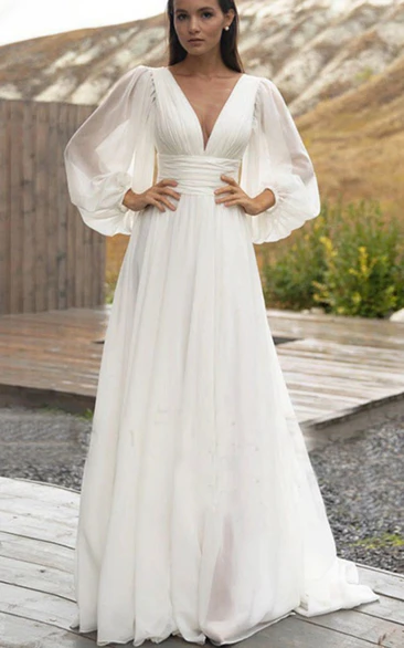 Simple Chiffon Empire Greece Style Puff-sleeve Wedding Dress