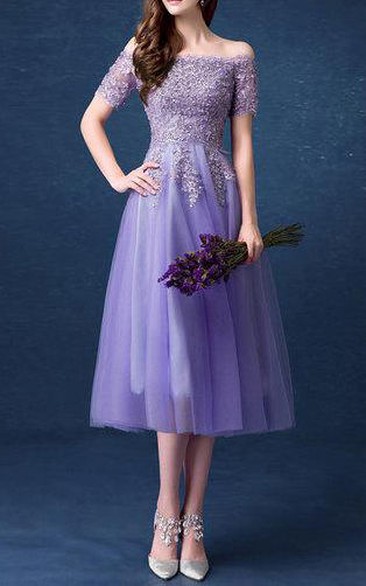Off-the-shoulder Short Sleeve Tea-length Tulle A-line Dress With Beading