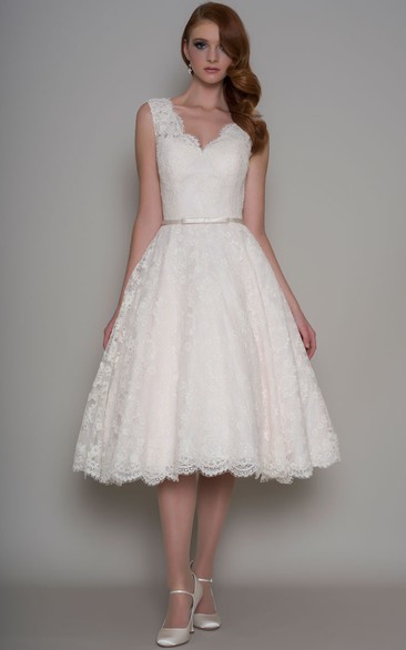 Plunged Lace Sleeveless Tea-length Wedding Dress With Illusion back