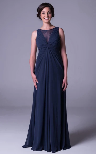 Scoop-neck Sleeveless Chiffon Dress With central Ruching And Illusion