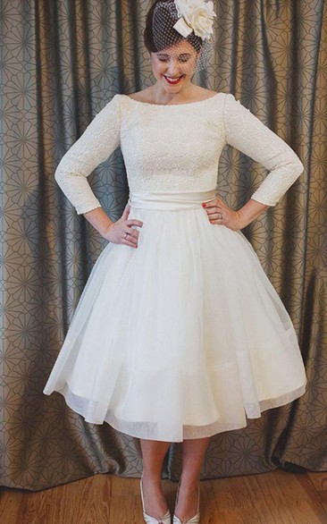 Plus Size Tea Length Lace and Organza Wedding Dresses with 3-4 Long Sleeves