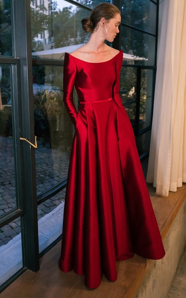 A Line Charming Satin Prom Dress with Ruching and Pockets 