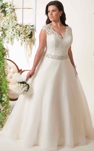 Plunged Cap-sleeve A-line plus size wedding dress With Embellished Waist And Keyhole