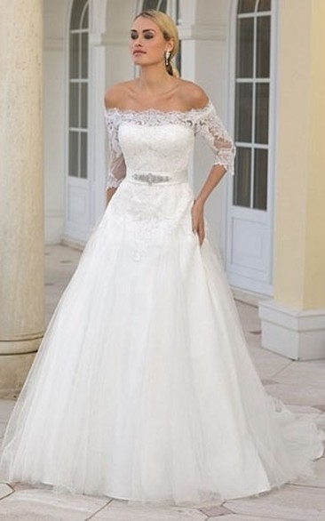 Off-the-shoulder Half Sleeve Tulle Satin Wedding Dress With Appliques