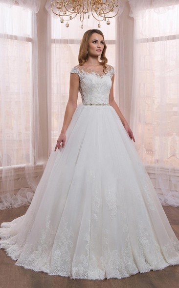 Scoop-neck Cap-sleeve A-line Appliqued Wedding Dress With Illusion And Jeweled Waist 