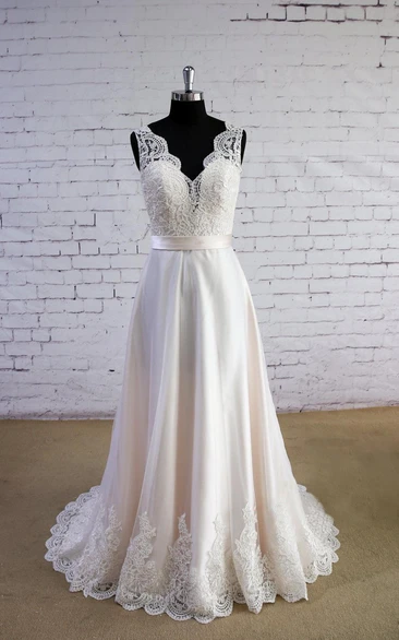 Long Satin Wedding Sleeveless V-Neckline Tulle A-Line Dress