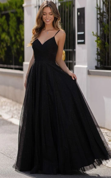 Sexy A Line Floor-length Sleeveless Tulle Formal Dress with Ruching