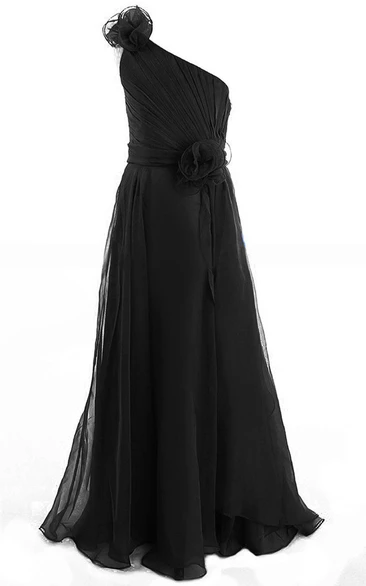 One-shoulder A-line Chiffon Floor-length Dress With floral Epaulet