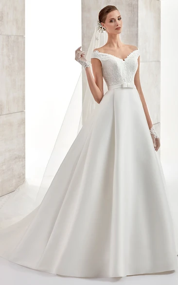 A-line V-neck Cap Floor-length Satin Wedding Dress with Low-V Back and Ribbon