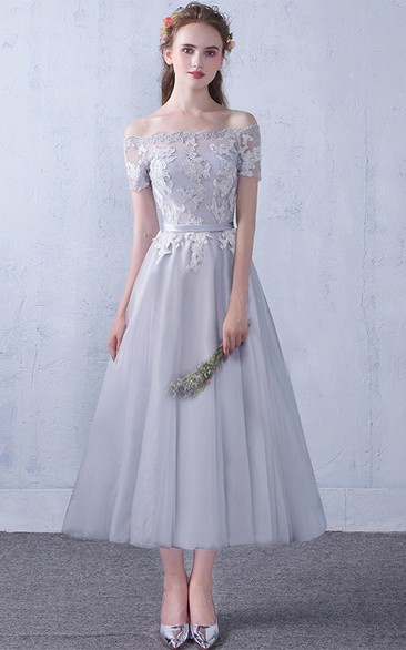 Off-the-shoulder Lace Tulle Tea-length Formal Dress With Appliques