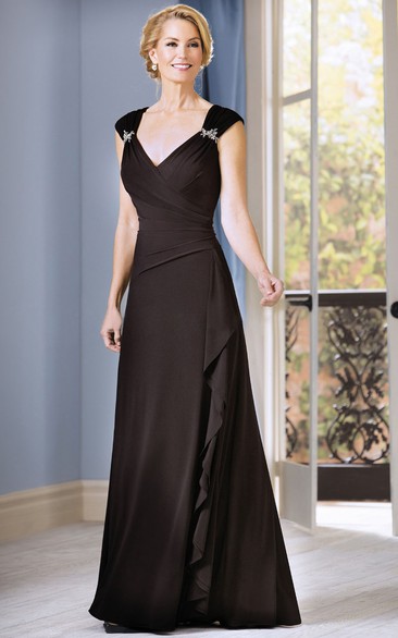 V-neck Cap-sleeve draped Mother of the Bride Dress With Low-V Back