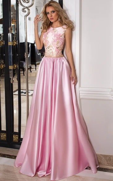 Ball Gown Scoop Sleeveless Floor-length Satin Evening Dress with Appliques and Pleats