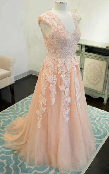 Plunged Sleeveless A-line Tulle Dress With Appliques