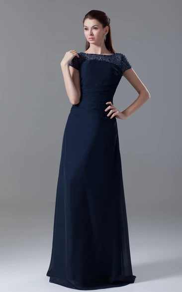 Pleated-Sleeve Crystal Bateau-Neckline Floor-Length Dress