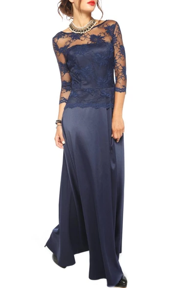 Bateau Illusion 3-4-sleeve Long Dress With Appliques And Low-V Back