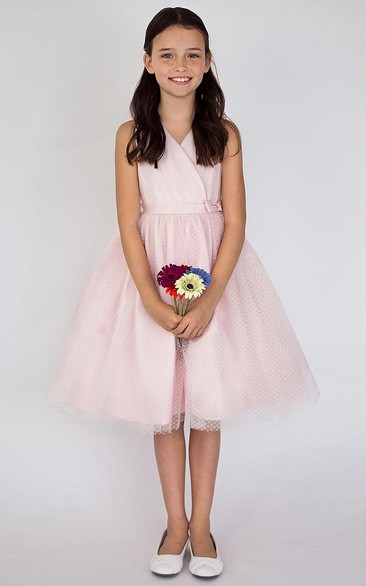 Layered V-Neckline Tea-Length Satin Flower Girl Dress
