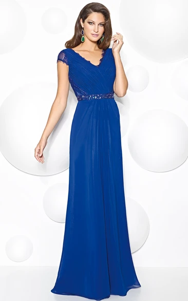 Sheath V-neck Cap-Sleeve Floor-length Chiffon Mother Of The Bride Dress with Illusion and Waist Jewellery