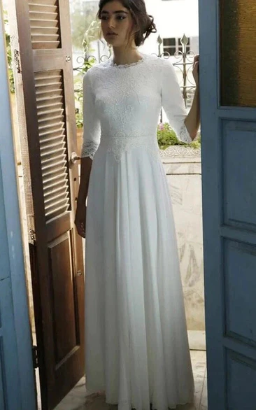 Jewel-neck Half-sleeve Modest Chiffon Lace Empire Sheath Wedding Dress