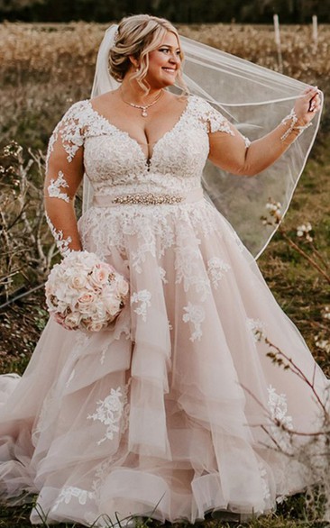 Elegant A Line V-neck Floor-length Long Sleeve Lace Wedding Dress with Appliques