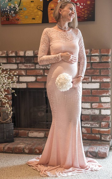 Jewel Long Sleeve Lace Pleated Ruched Ruffled Maternity Dress