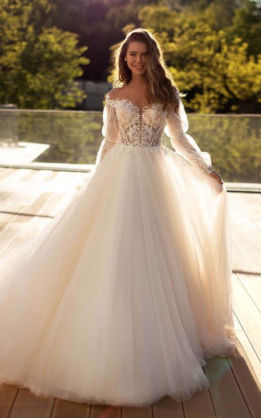 Puff-sleeve Illusion Off-the-shoulder Empire Applique Ball Gown Wedding Dress