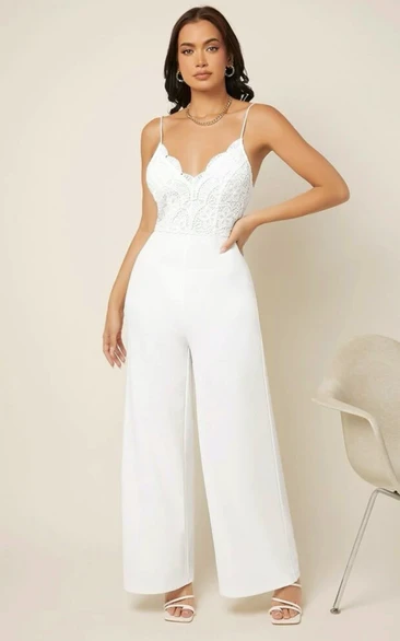 Spaghetti Straps  Long V Neck Chiffon Wide Leg Bridal Jumpsuit