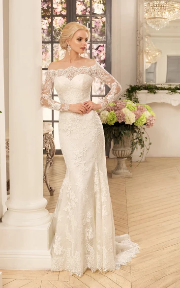 Long-Sleeve Appliqued Long Sheath Lace Gown