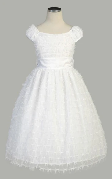 Ball Gown Bateau Cap-Sleeve Tea-length Tulle Flowergirl Dress with Tiers and Sash